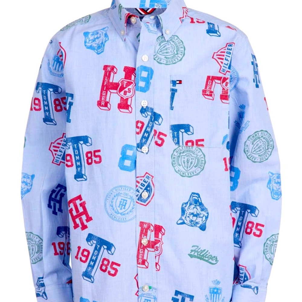 Tommy Hilfiger Big Boys Collegiate Logo-Print Shirt - Collection Blue
